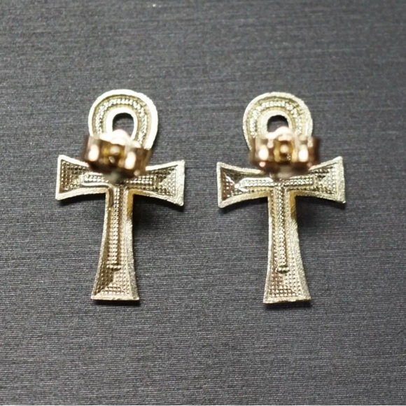 10K Solid Yellow Gold 0.75" Diamond Cut Egyptian Ankh Cross Stud Earrings - Picture 4 of 6